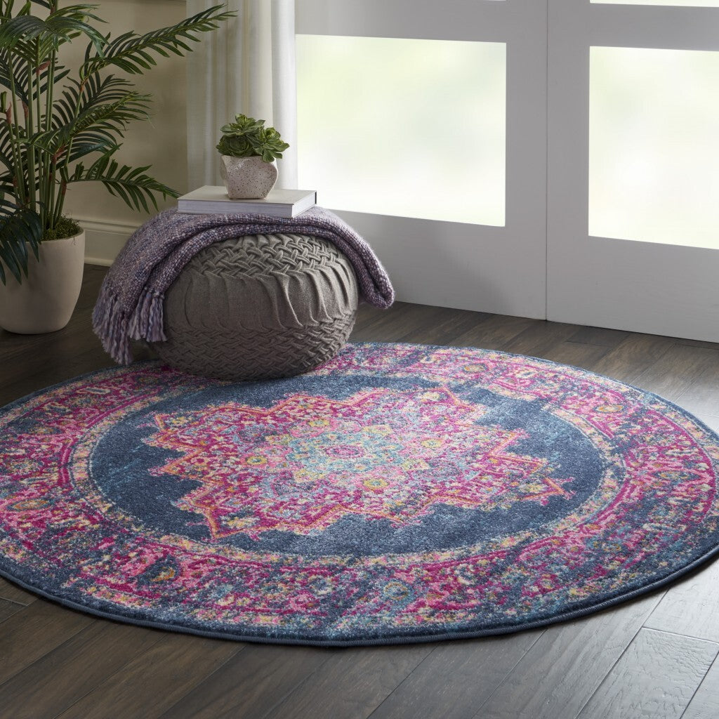 4' Blue Round Power Loom Area Rug