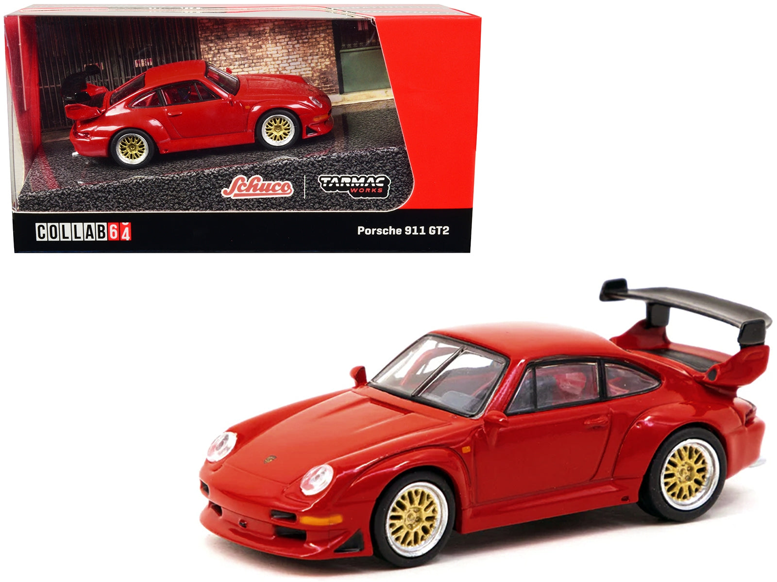 Porsche 911 GT2 Red with Red Interior "Collab64" Series 1/64 Diecast Model Car by Schuco & Tarmac Works